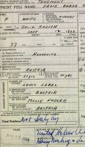 Death certificate of Mollie's mother, Fagie (Feige) Rudich née Lobel, the Bronx, 24 April 1944: born 12 September 1866 in Bukovina, daughter