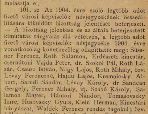 Herman Klein among the highest-taxpaying members (virilists) of the Felsőbánya town council.