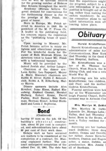 Alex Brecher among the sponsors of the Beth Medrosh Elyon testimonial dinner for Mr. Polak, August 1962.
