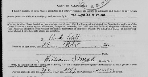 On the reverse of his petition Paul Schiff signed the oath of allegiance, renouncing allegiance to the Republic of Poland; he became a citiz