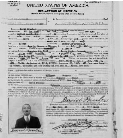 David Brecher’s Declaration of Intention, 1932: born 20 July 1881 in Siret; wife Esther; their children.