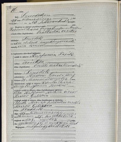 Death of Izsák Kupferman, Pesel’s father, Szurdok, 25 March 1901, act 16; born in Kosów, Galicia; his parents Nuchem Kupferman and Mircza Ra