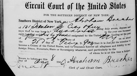 Abraham Brecher of 141 Stanton Street declares his intention to become an American citizen, U.S. Circuit Court, New York, 8 August 1906: bor