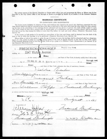 Certificate of marriage, Bronx, 26 August 1941: Nicholas Brecher and Margaret Farkas married at the Borough Hall by the Deputy City Clerk.