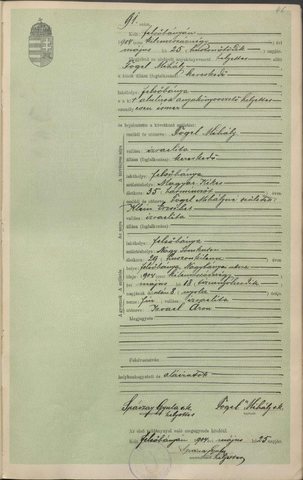 Birth of Izrael Áron Fogel, Felsőbánya, 18 May 1904, act 91: father Mihály Fogel, merchant, born in Magyarkékes, 35; mother Erzsébet (Berta) née Klein, born in 