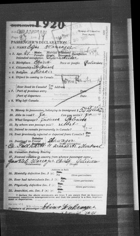 Elias Wahrsager's Canadian arrival card, S.S. Grampian, December 1920: a leather worker of 41, born in Chyrów, going to his brother-in-law in Montreal. Nearest 