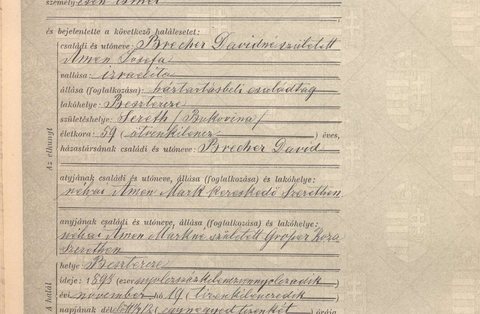 Death of Iosefa (Josefa, known as Pepi) Brecher née Amen, wife of Brecher Dávid (David the distiller), Bistrița, 19 November 1898 (act 239): born at Sereth, age