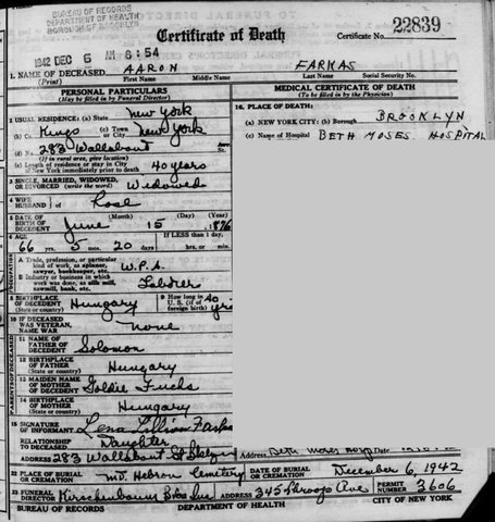 Death certificate of Aaron Farkas, Brooklyn, 5 December 1942: born 15 June 1876 in Hungary, widower of Rose; father Solomon Farkas, mother Goldie née Fuchs; the