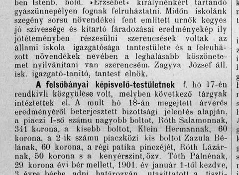 Herman Klein takes the lease of the smaller town shop in the Felsőbánya market for 1901–1903, at 60 crowns a year.