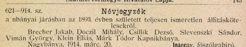 Jakab Brecher on a conscription list, 1914.