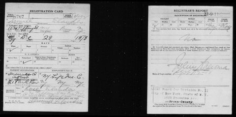 Samuel Eilender’s First World War draft registration card, the Bronx, 12 September 1918: born 28 December 1878, a naturalized citizen, agent for the New York Li