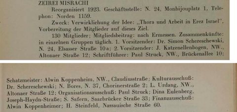 Berlin, 1926: the Zeirei Mizrachi youth group’s committee lists S. Safern of Saarbrücker Straße 33, the Wahrsagers’ building.