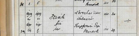 Birth of Izsák (Yitzchak) Brecher, 7 April 1909, at Szurdok (Strâmtura), son of Uszer (Asher) Brecher and Pepi Kupferman.