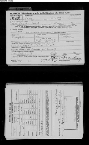 Leon Brecher’s Second World War registration card (the “old man’s draft”), Baltimore, 26 April 1942: Leon Brecher, 1800 Orleans Street, aged 47, born 15 Septemb
