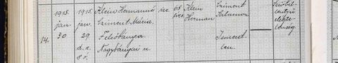 Death of Mária Cziment, wife of Herman Klein, Felsőbánya, 29 January 1915, act 14, aged 65; her father Salamon Cziment. She may have been a 