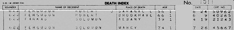 New York State death index, 1955: Solomon Farkas, aged 39, died at Albany on 19 April 1955 (certificate 21243). He was the son of Morris and Gizella Farkas, bor