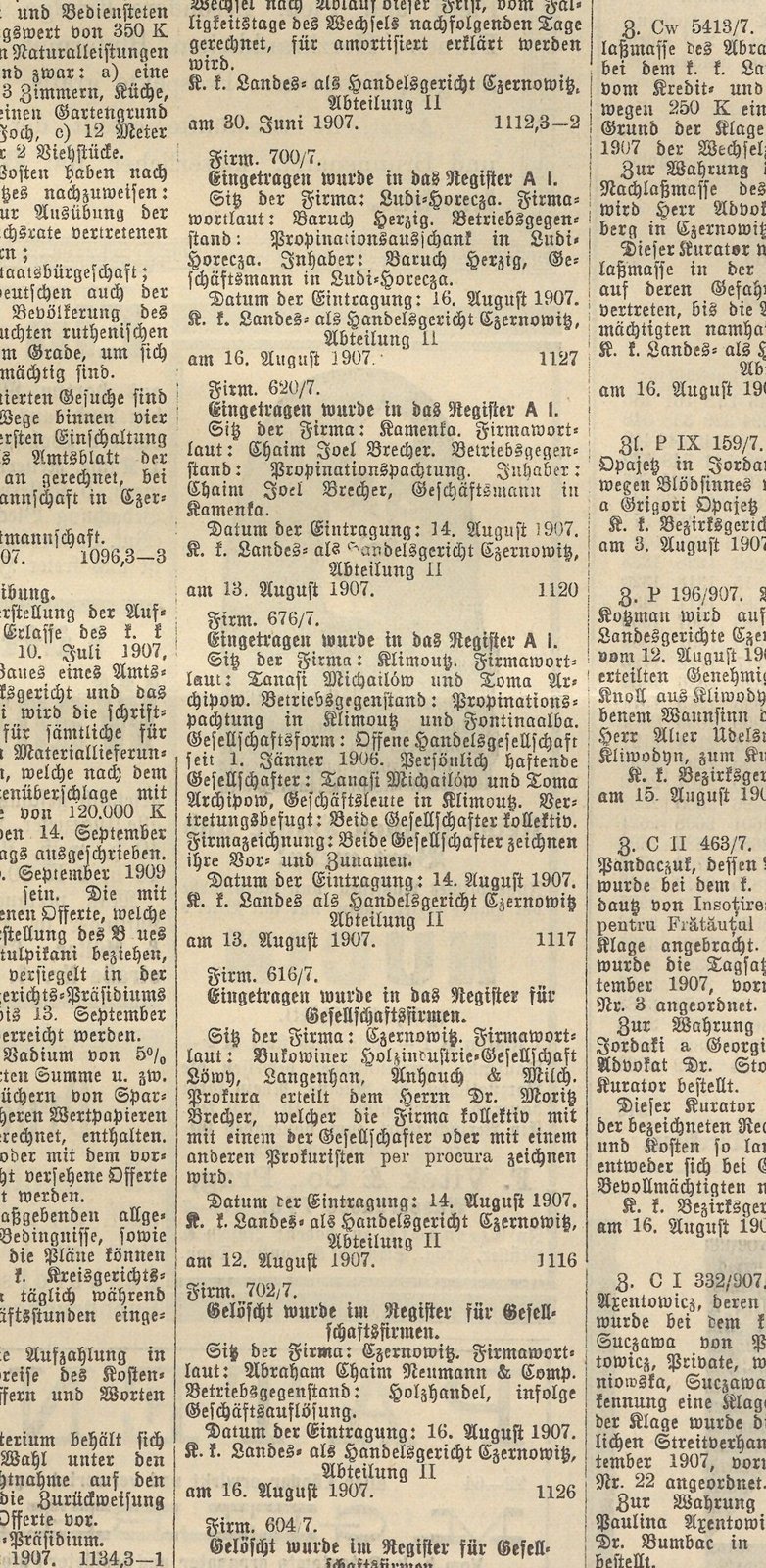 Entry in the commercial register, August 1907: the firm of Chaim Joel Brecher of Kamenka, near Siret, holder of a liquor-licence lease (propination). The firm w