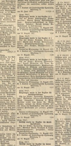 Entry in the commercial register, August 1907: the firm of Chaim Joel Brecher of Kamenka, near Siret, holder of a liquor-licence lease (prop