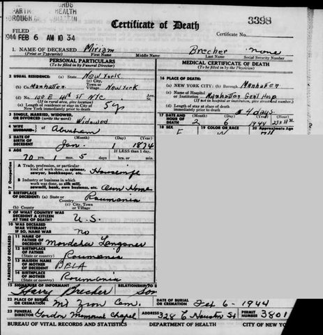 Death certificate of Miriam Brecher née Langsner, widow of Abraham Brecher, Manhattan, 6 February 1944: born 1 January 1874 in Romania, daughter of Mordcha Lang