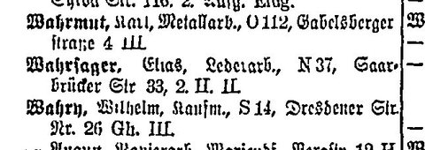 The Berlin address book for 1915: “Wahrsager, Elias”, leather worker, Saarbrücker Straße 33, Berlin N 37.