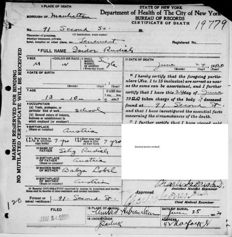 Death certificate of Isidor Rudich, 13, Mollie Brecher’s younger brother, 91 Second Street, Manhattan, 24 June 1920; parents Selig Rudich and Babza Lobel; burie