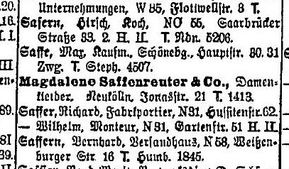 Berlin address book, 1927: Hirsch Safern, cook, Saarbrücker Straße 33 — the house where the Wahrsagers had lived.