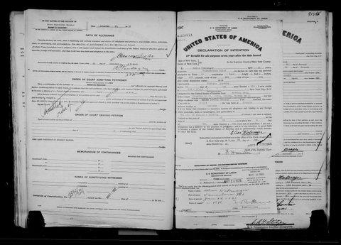 Elias Wahrsager’s Declaration of Intention, New York, 28 January 1922, with his certificate of arrival: pocket-book maker, aged 41, born 23 