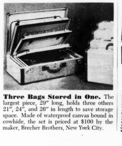 Three bags stored in one": Brecher Brothers' nesting luggage set — four cases of waterproof canvas bound in cowhide, $100 the set — in Popul
