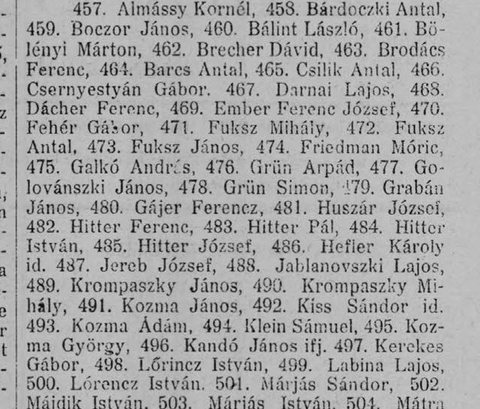 The Felsőbánya men called up for military service on 16 August 1915: no. 462, David Brecher, and no. 494, Samuel Klein, Esther’s brother.