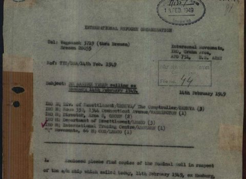 IRO sailing letter for Hugo Brecher, SS Marine Tiger, 1949.