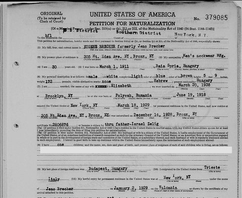 Eugene (Jenő) Brecher’s petition for naturalization, Southern District of New York, about 1941: a men’s-neckwear manufacturer at 305 Mount E
