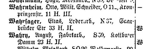 The Berlin address book for 1912: “Wahrsager, Elias”, leather worker, Saarbrücker Straße 33, Berlin N 37.