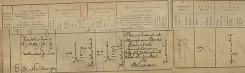 Death of Bernhard, also Abraham Bercie, Fränkel, Zabłotów, 17 January 1907 (act 5): son of Leibisch and Lea Fränkel of Buczacz; 48, married; buried 19 January.