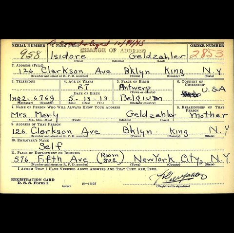 Draft registration card of Isidore Geldzahler, husband of Frieda Geldzahler née Eilender, Brooklyn, 16 October 1940: born in Antwerp on 13 May 1913, he was then