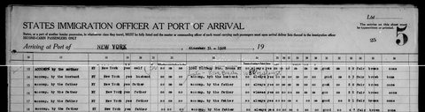 The second page of the Vulcania’s list, headed “Arriving at Port of New York, December 31, 1928” (lines 13–18): the family were going to 108