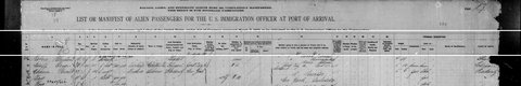 Mirjam Brecher, 42, of Rădăuți, with her daughter Chaje (Ida), on the passenger list of the SS Patricia, Hamburg to New York, May–June 1907,