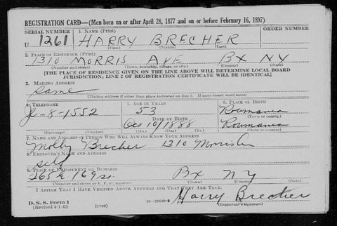 Harry Brecher's Second World War registration card, the Bronx, April 1942: aged 53, living at 1310 Morris Avenue with his wife Molly and run