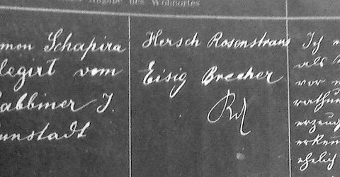 Witness signatures “Hersch Rosenstrauch” and “Eisig Brecher” in the Rădăuți Jewish marriage register, 19 November 1902 (Jurgrau–Hass marriage). The record is Co