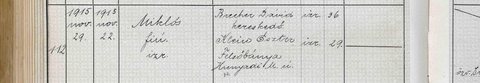Birth of Miklós (Nicholas) Brecher, Felsőbánya, 22 November 1915, act 112. Parents: David Brecher, merchant, 36, and Eszter Klein, 29.