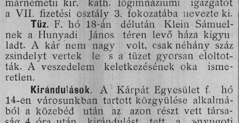 A small fire in the house of Samuel Klein on Hunyadi tér, Felsőbánya, quickly put out, August 1904.