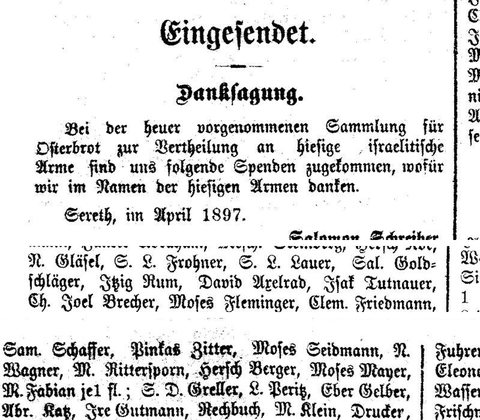 Bukowinaer Post, 25 April 1897: the Siret Passover-bread collection for the poor; “Ch. Joel Brecher” among those giving 1 florin each.