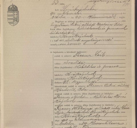 Death of Leib Ferencz, Kováskápolnok, 29 October 1900, son of Náthán Ferencz and the late Lája Lázár. Another Ferencz family of Kováskápolnok; no record ties it