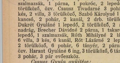 Gifts for the war hospital: “Brecher Dávidné” — two pillows, a blanket, a sheet and a straw mattress, September 1914.