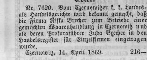 Czernowitzer Zeitung, 27 April 1869: the firm Rifka Brecher, mixed goods, Czernowitz, with Juda Brecher as authorised manager, entered in the commercial registe