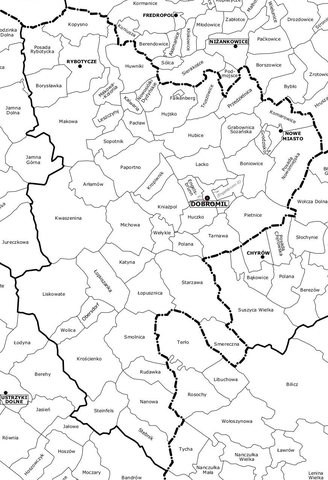 The district (Bezirk) of Dobromil as it was in 1854. Dobromil, Chyrów and Kniażpol, the family's three towns, sit within a few miles of each other. Modern recon