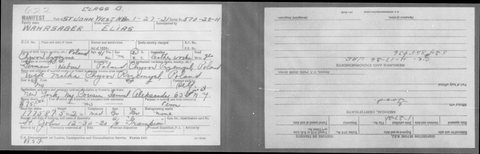 U.S. immigration card filed at Saint John West, New Brunswick, 27 January 1921 (St. Albans District), front and back: Elias Wahrsager, 41, leather worker, Hebre