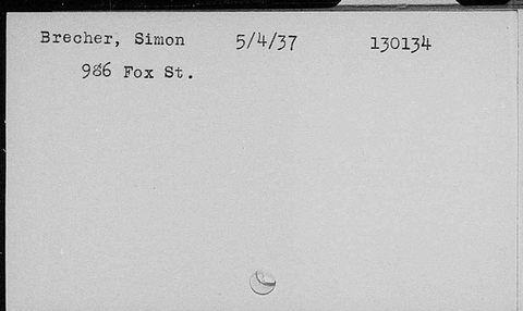 Index card to Alex Brecher’s declaration of intention to become a citizen, filed in the Bronx on 4 May 1937 under his registered given name,