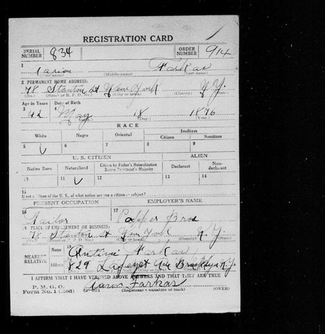 Aaron Farkas’s First World War draft card, New York, 1918: a tailor at 78 Stanton Street working for Popper Bros., born 18 May 1876.