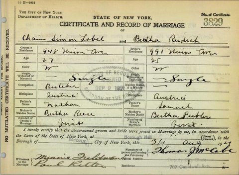 Marriage of Bertha Rudich, Mollie Brecher’s sister, and Chaim Szimon Lobel, butcher, Bronx Borough Hall, 31 August 1921; witness her sister Minnie Feldman.