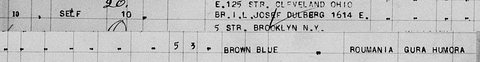 S.S. Rotterdam, arrived 19 January 1921, List 21 line 10 (right-hand page): Jacob [Leon] Brecher, born at Gura Humora, going to his brother-in-law Josef Dulberg